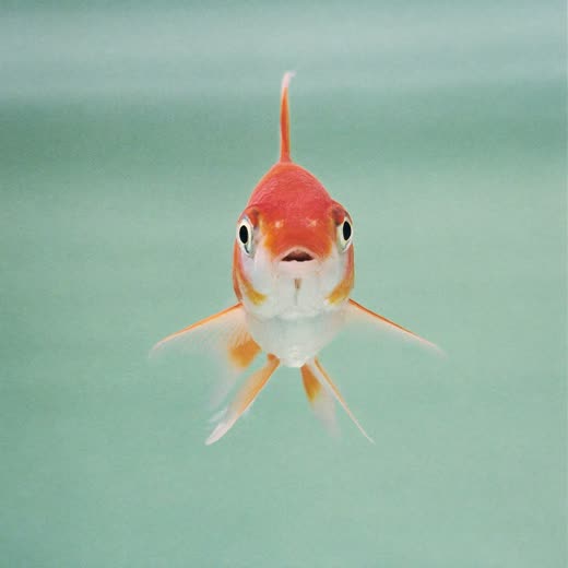 A single fancy goldfish against a plain mint background